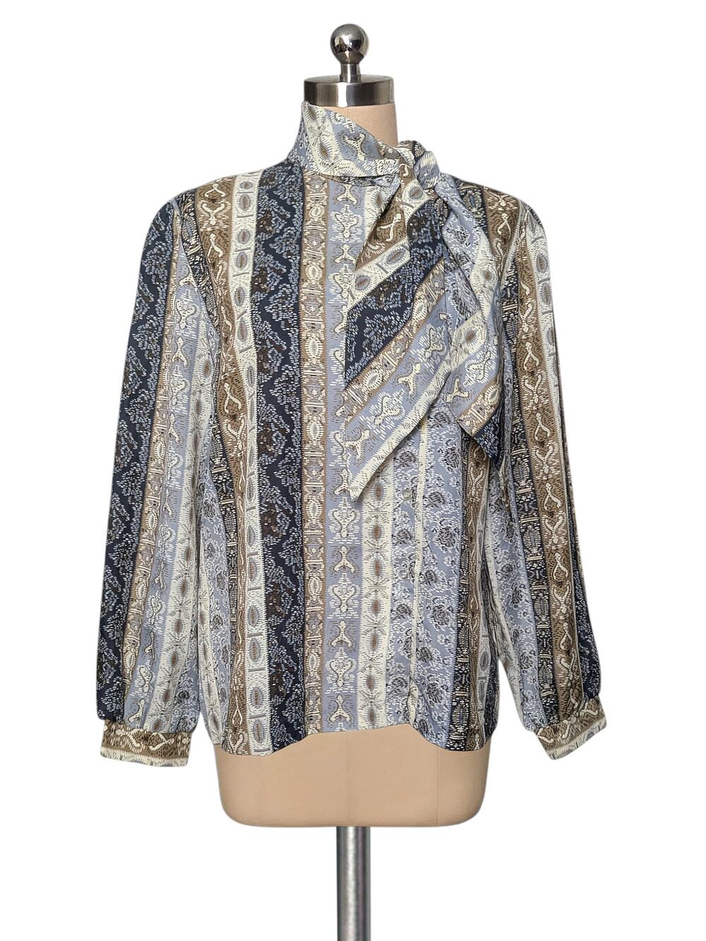 70's 80's COS COB Vintage Tie Neck Button Down Fun Printed Shirt Top Blouse M L